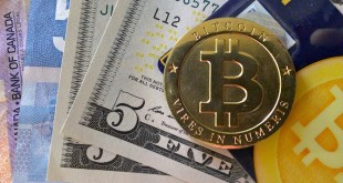 A photo of the Bitcoin currency.