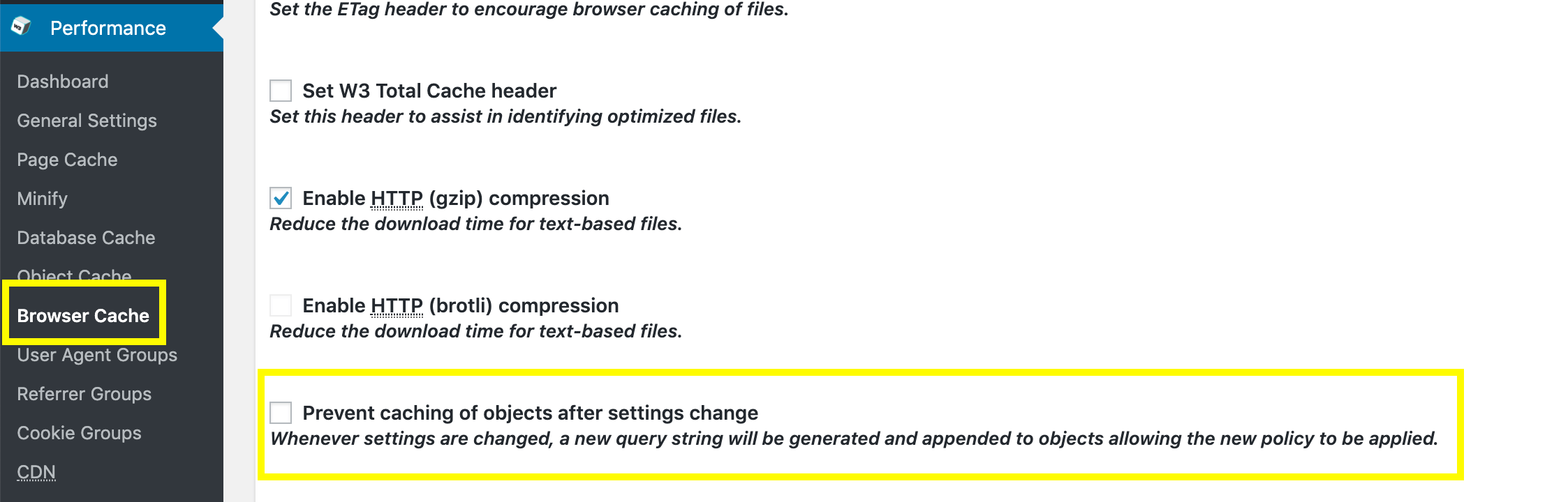 The setting to remove query strings using W3 Total Cache.