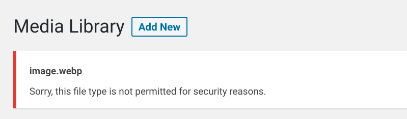 An image error message in the media library of the WordPress dashboard.
