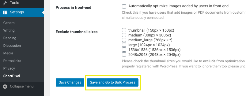 The WebP settings section on the ShortPixel WordPress plugin.