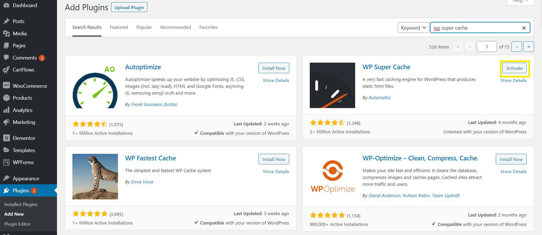 WP Super Cache activation.