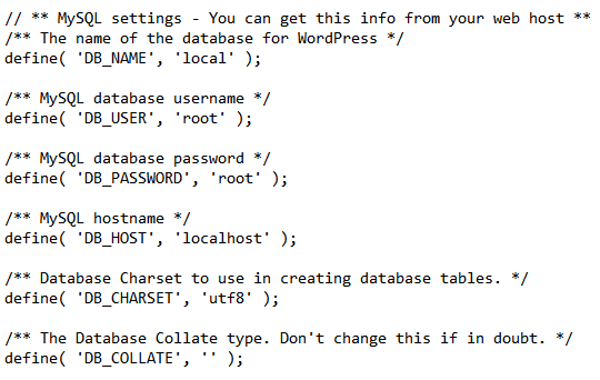 Updating the wp-config.php file with the new database.