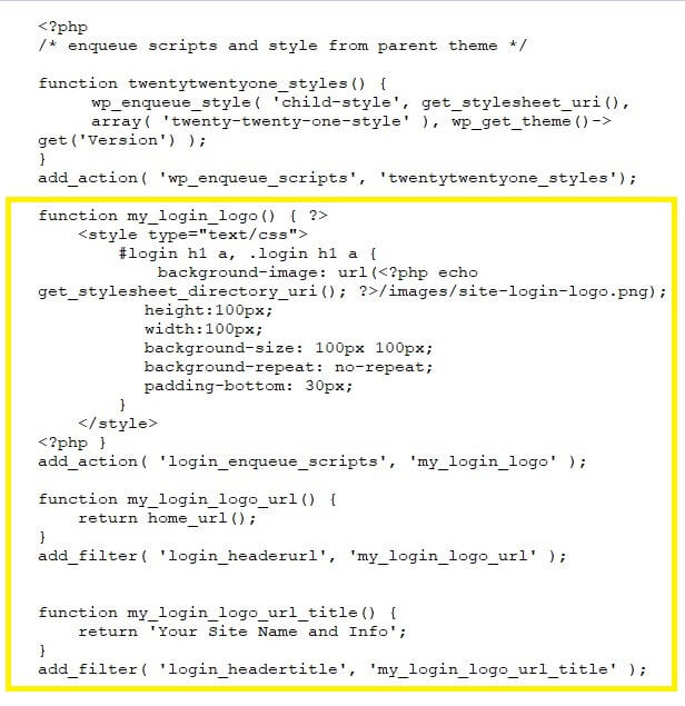 The child theme function.php file, with code to remove menu items from the dashboard highlighted in yellow.