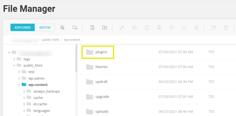 The WordPress plugins folder via File Manager.