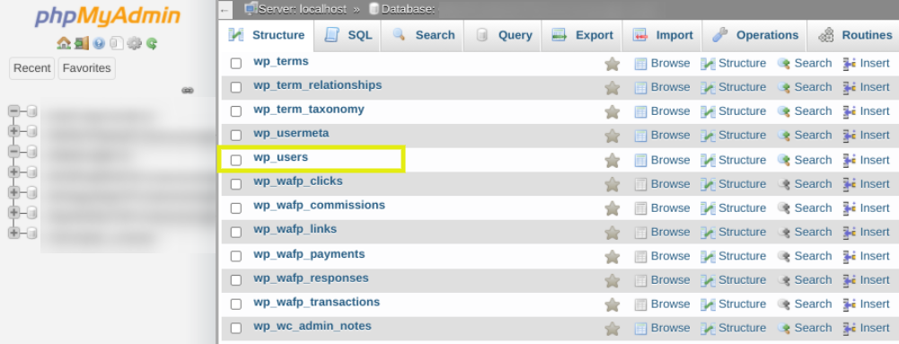 A WordPress database in phpMyAdmin.