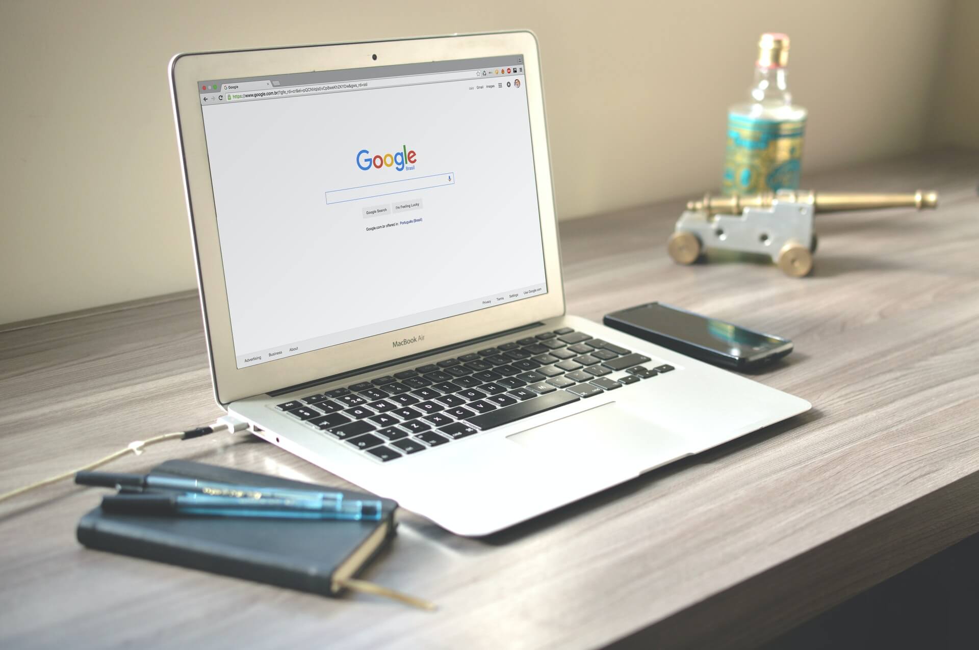 A computer on a desk.